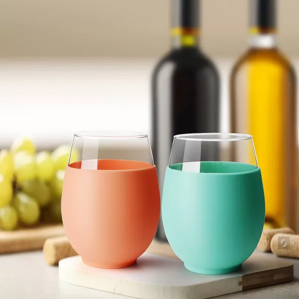 Tronco 20 oz Stemless Wine Glasses with Protective Silicone Sleeve Reusable Wine Glasses for Red or White Wine and Cocktails Dishwasher Safe Set of 4color 5
