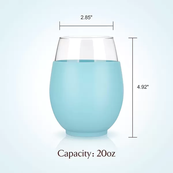 Tronco 20 oz Stemless Wine Glasses with Protective Silicone Sleeve Reusable Wine Glasses for Red or White Wine and Cocktails Dishwasher Safe Set of 4color 2
