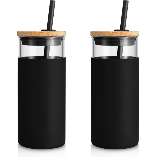 Tronco 20oz Glass Tumbler Glass Water Bottle Straw Silicone Protective Sleeve Bamboo Lid  BPA Free Midnight Green 1 PackBlack