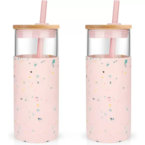 Tronco 20oz Glass Tumbler Glass Water Bottle Straw Silicone Protective Sleeve Bamboo Lid  BPA Free Midnight Green 1 PackTerrazzo Blush