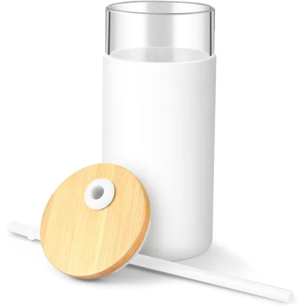 Tronco 20oz Glass Tumbler Glass Water Bottle Straw Silicone Protective Sleeve Bamboo Lid  BPA Free Midnight Green 1 PackWhite