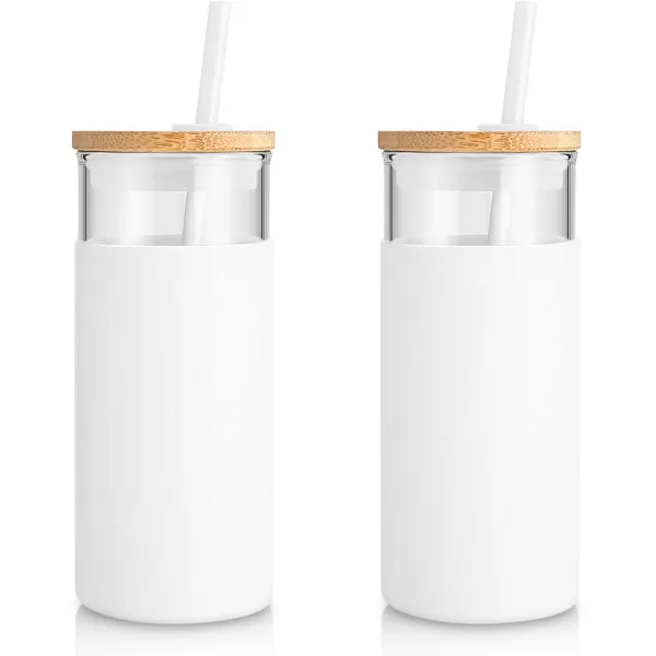 Tronco 20oz Glass Tumbler Glass Water Bottle Straw Silicone Protective Sleeve Bamboo Lid  BPA Free Midnight Green 1 PackWhite
