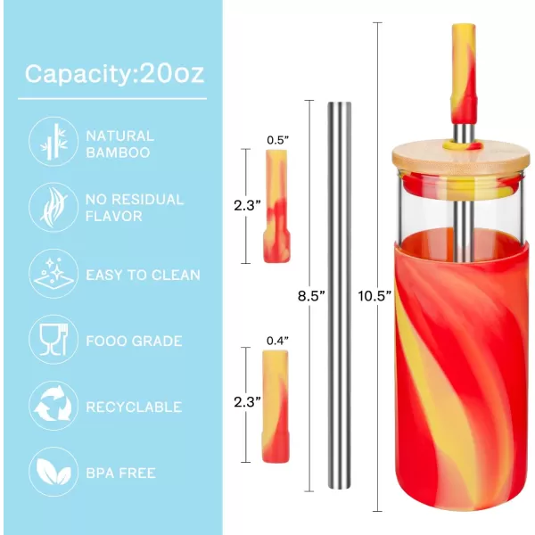 Tronco 20oz Glass Tumbler with Bamboo Lid and StrawIced Coffee Cup ReusableSmoothie Cup Spill Proof Glass Water Bottle With Silicone Protective Sleeve BPA Free