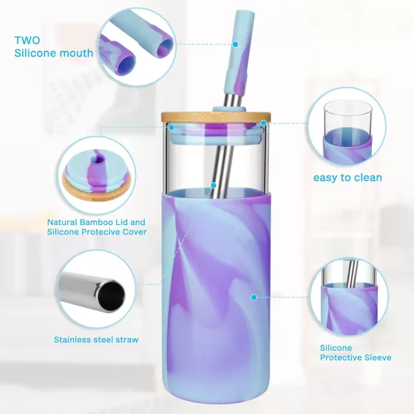 Tronco 20oz Glass Tumbler with Bamboo Lid and StrawIced Coffee Cup ReusableSmoothie Cup Spill Proof Glass Water Bottle With Silicone Protective Sleeve BPA Free