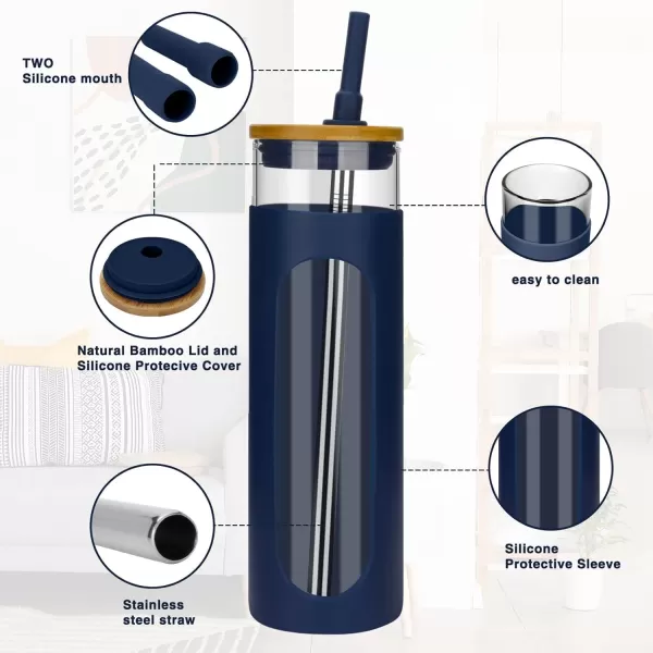 Tronco 22oz Glass Tumbler with Bamboo Lid and Straw Glass Cup For BobaIced CoffeeSmoothie Spill Proof Glass Water Bottle With Silicone Protective Sleeve Dishwasher SafeBPA FreeDenim Blue