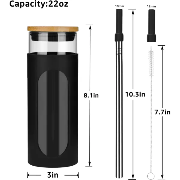Tronco 22oz Glass Tumbler with Bamboo Lid and Straw Glass Cup For BobaIced CoffeeSmoothie Spill Proof Glass Water Bottle With Silicone Protective Sleeve Dishwasher SafeBPA FreeBlack