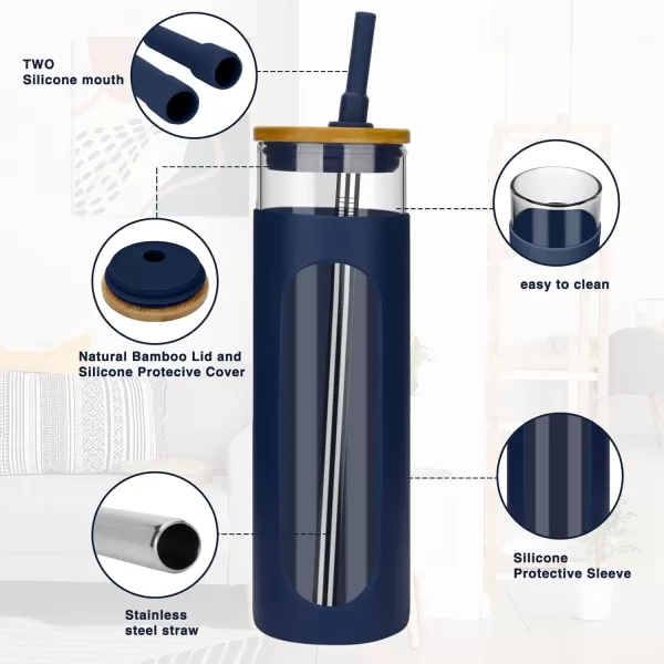 Tronco 22oz Glass Tumbler with Bamboo Lid and Straw Glass Cup For BobaIced CoffeeSmoothie Spill Proof Glass Water Bottle With Silicone Protective Sleeve Dishwasher SafeBPA FreeDenim Blue
