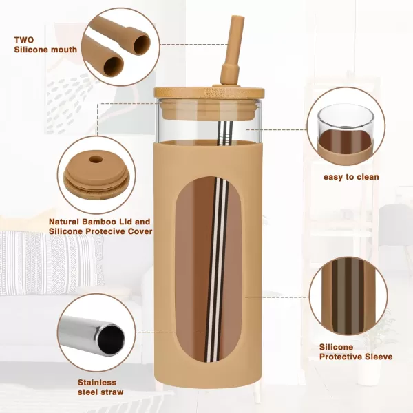Tronco 22oz Glass Tumbler with Bamboo Lid and Straw Glass Cup For BobaIced CoffeeSmoothie Spill Proof Glass Water Bottle With Silicone Protective Sleeve Dishwasher SafeBPA FreeAmber