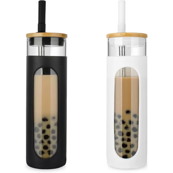 Tronco 22oz Glass Tumbler with Bamboo Lid and Straw Glass Cup For BobaIced CoffeeSmoothie Spill Proof Glass Water Bottle With Silicone Protective Sleeve Dishwasher SafeBPA FreeBlackWhite