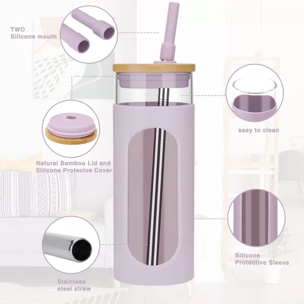 Tronco 22oz Glass Tumbler with Bamboo Lid and Straw Glass Cup For BobaIced CoffeeSmoothie Spill Proof Glass Water Bottle With Silicone Protective Sleeve Dishwasher SafeBPA FreePurple