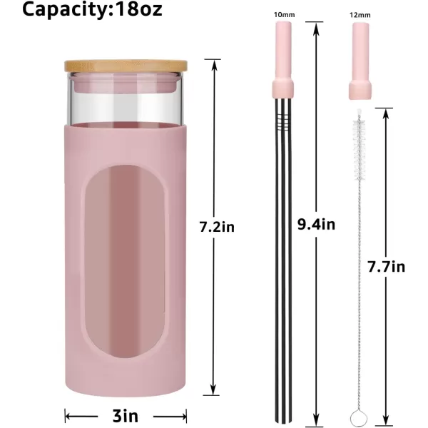 Tronco 22oz Glass Tumbler with Bamboo Lid and Straw Glass Cup For BobaIced CoffeeSmoothie Spill Proof Glass Water Bottle With Silicone Protective Sleeve Dishwasher SafeBPA FreePink