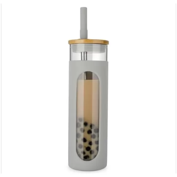Tronco 22oz Glass Tumbler with Bamboo Lid and Straw Glass Cup For BobaIced CoffeeSmoothie Spill Proof Glass Water Bottle With Silicone Protective Sleeve Dishwasher SafeBPA FreeGray