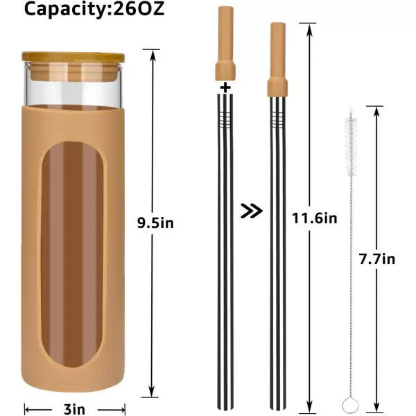 Tronco 22oz Glass Tumbler with Bamboo Lid and Straw Glass Cup For BobaIced CoffeeSmoothie Spill Proof Glass Water Bottle With Silicone Protective Sleeve Dishwasher SafeBPA FreeAmber