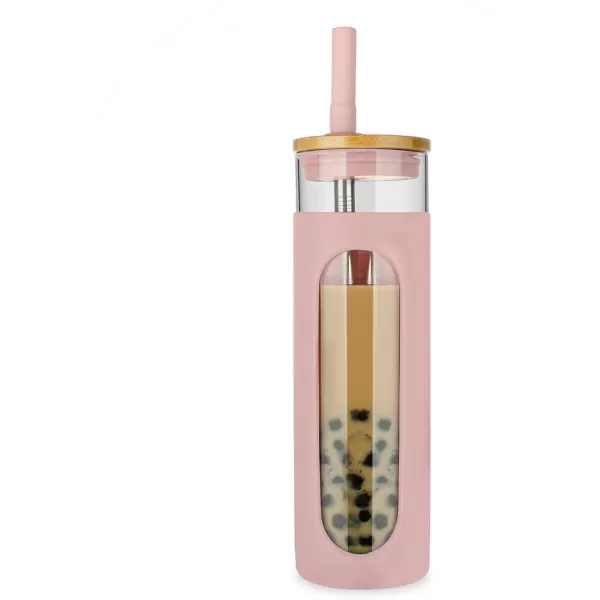 Tronco 22oz Glass Tumbler with Bamboo Lid and Straw Glass Cup For BobaIced CoffeeSmoothie Spill Proof Glass Water Bottle With Silicone Protective Sleeve Dishwasher SafeBPA FreePink