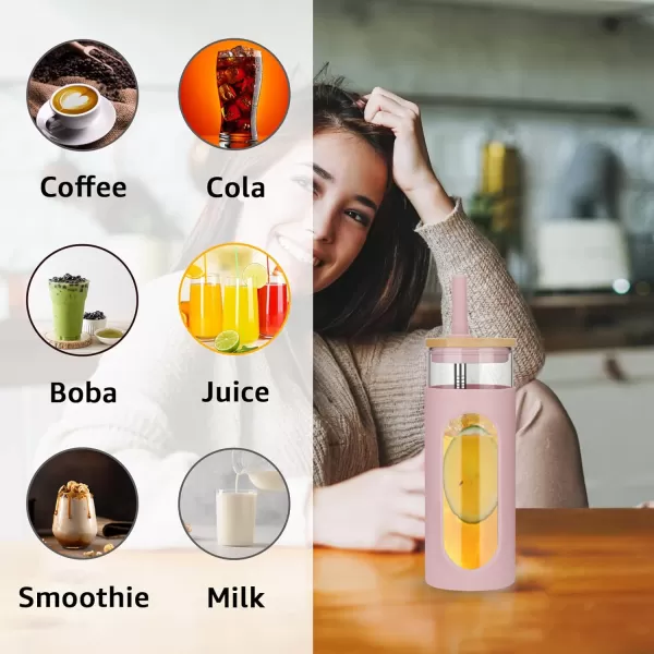 Tronco 22oz Glass Tumbler with Bamboo Lid and Straw Glass Cup For BobaIced CoffeeSmoothie Spill Proof Glass Water Bottle With Silicone Protective Sleeve Dishwasher SafeBPA FreeAmber