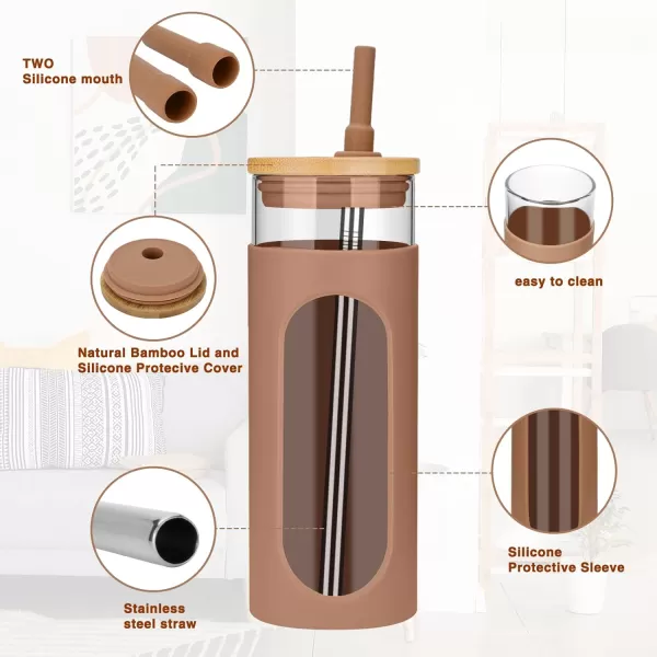 Tronco 22oz Glass Tumbler with Bamboo Lid and Straw Glass Cup For BobaIced CoffeeSmoothie Spill Proof Glass Water Bottle With Silicone Protective Sleeve Dishwasher SafeBPA FreeCoffee