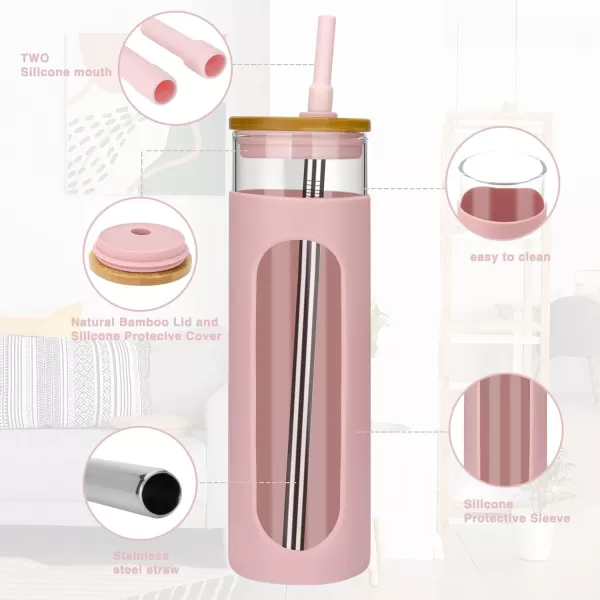 Tronco 22oz Glass Tumbler with Bamboo Lid and Straw Glass Cup For BobaIced CoffeeSmoothie Spill Proof Glass Water Bottle With Silicone Protective Sleeve Dishwasher SafeBPA FreePink