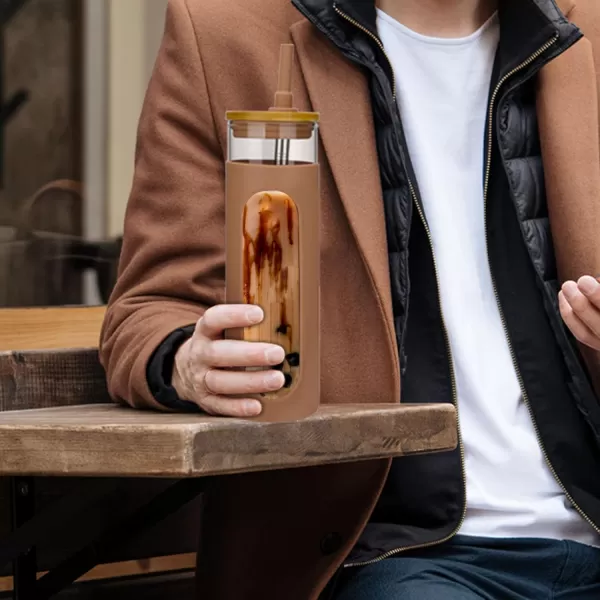 Tronco 22oz Glass Tumbler with Bamboo Lid and Straw Glass Cup For BobaIced CoffeeSmoothie Spill Proof Glass Water Bottle With Silicone Protective Sleeve Dishwasher SafeBPA FreeAmber