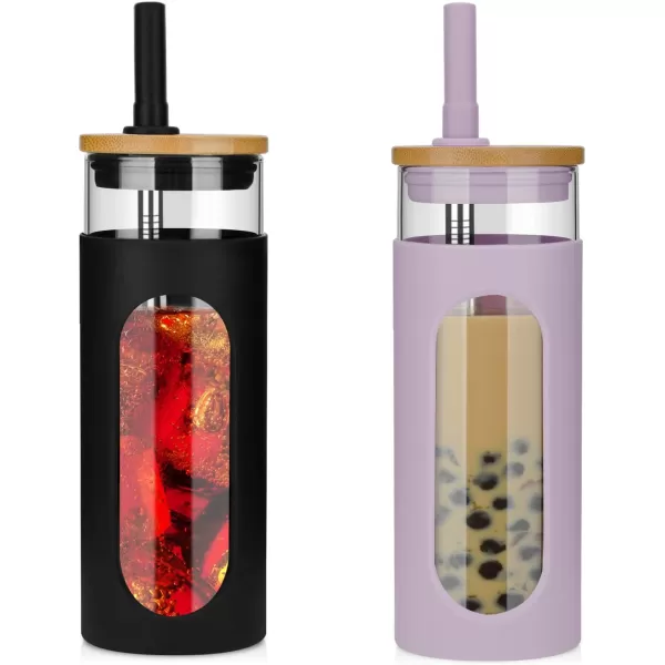 Tronco 22oz Glass Tumbler with Bamboo Lid and Straw Glass Cup For BobaIced CoffeeSmoothie Spill Proof Glass Water Bottle With Silicone Protective Sleeve Dishwasher SafeBPA FreeBlackPurple