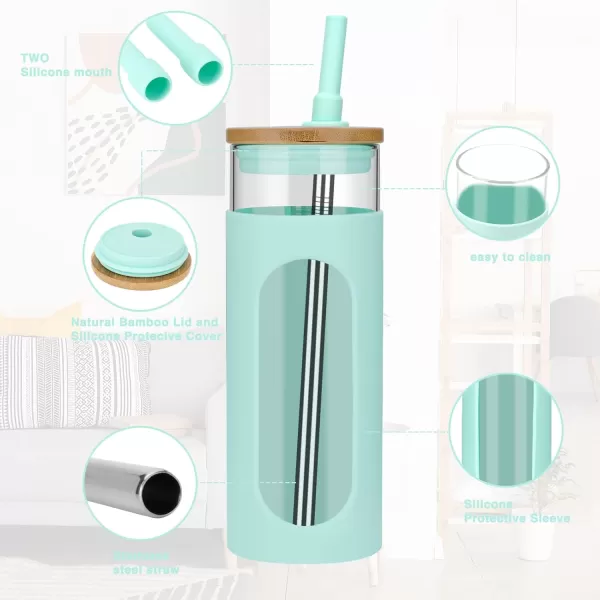 Tronco 22oz Glass Tumbler with Bamboo Lid and Straw Glass Cup For BobaIced CoffeeSmoothie Spill Proof Glass Water Bottle With Silicone Protective Sleeve Dishwasher SafeBPA FreePureBlue
