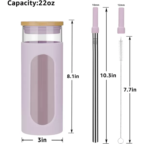 Tronco 22oz Glass Tumbler with Bamboo Lid and Straw Glass Cup For BobaIced CoffeeSmoothie Spill Proof Glass Water Bottle With Silicone Protective Sleeve Dishwasher SafeBPA FreePurple