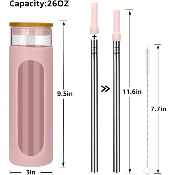 Tronco 22oz Glass Tumbler with Bamboo Lid and Straw Glass Cup For BobaIced CoffeeSmoothie Spill Proof Glass Water Bottle With Silicone Protective Sleeve Dishwasher SafeBPA FreeCoffeePink