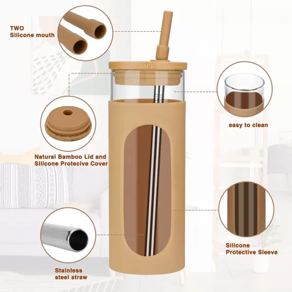 Tronco 22oz Glass Tumbler with Bamboo Lid and Straw Glass Cup For BobaIced CoffeeSmoothie Spill Proof Glass Water Bottle With Silicone Protective Sleeve Dishwasher SafeBPA FreeAmber