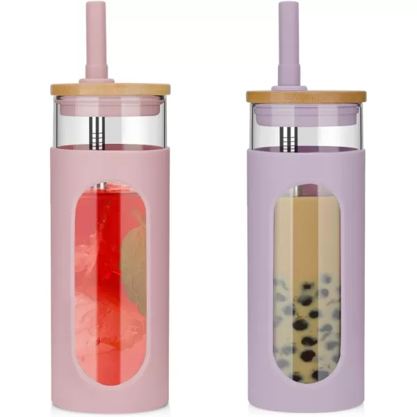 Tronco 22oz Glass Tumbler with Bamboo Lid and Straw Glass Cup For BobaIced CoffeeSmoothie Spill Proof Glass Water Bottle With Silicone Protective Sleeve Dishwasher SafeBPA FreePinkPurple