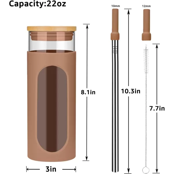 Tronco 22oz Glass Tumbler with Bamboo Lid and Straw Glass Cup For BobaIced CoffeeSmoothie Spill Proof Glass Water Bottle With Silicone Protective Sleeve Dishwasher SafeBPA FreeCoffee