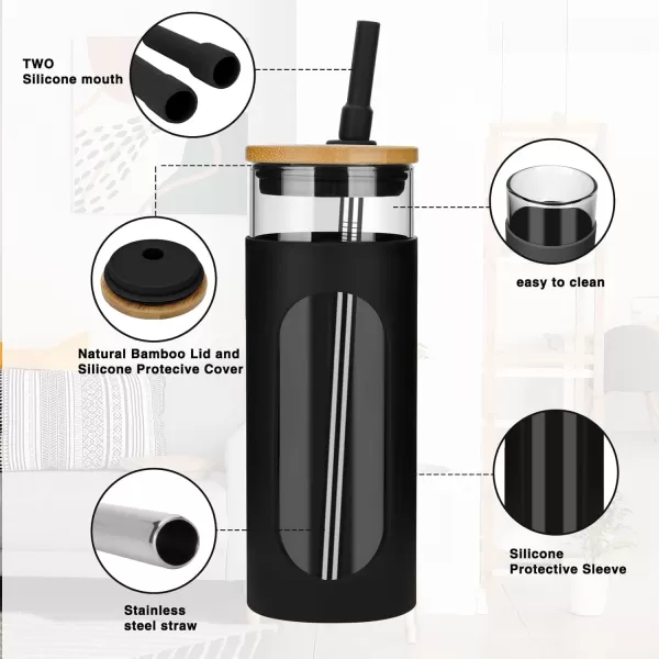 Tronco 22oz Glass Tumbler with Bamboo Lid and Straw Glass Cup For BobaIced CoffeeSmoothie Spill Proof Glass Water Bottle With Silicone Protective Sleeve Dishwasher SafeBPA FreeBlack