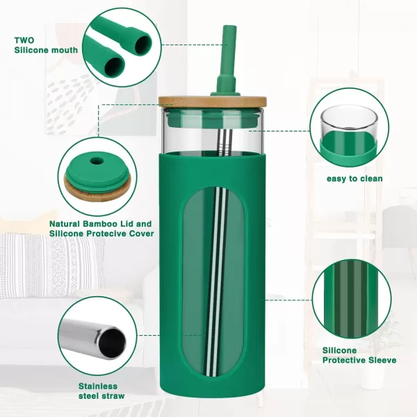 Tronco 22oz Glass Tumbler with Bamboo Lid and Straw Glass Cup For BobaIced CoffeeSmoothie Spill Proof Glass Water Bottle With Silicone Protective Sleeve Dishwasher SafeBPA FreeBlackishGreen