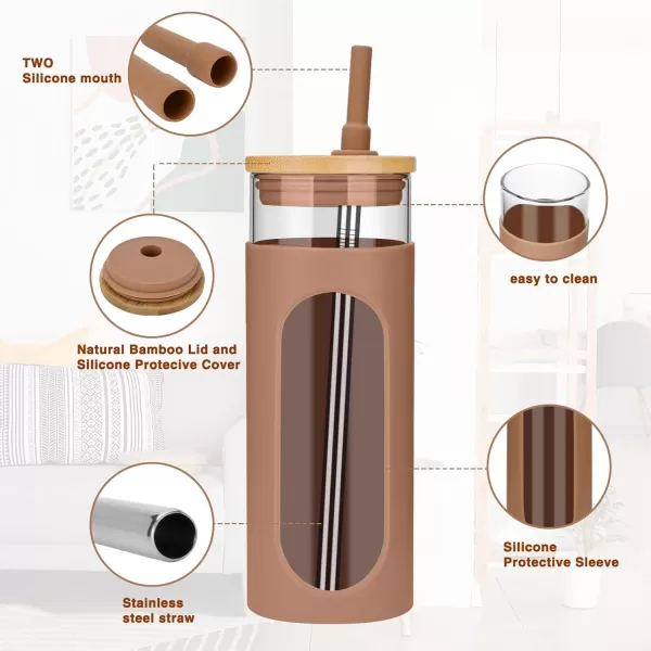 Tronco 22oz Glass Tumbler with Bamboo Lid and Straw Glass Cup For BobaIced CoffeeSmoothie Spill Proof Glass Water Bottle With Silicone Protective Sleeve Dishwasher SafeBPA FreeCoffee