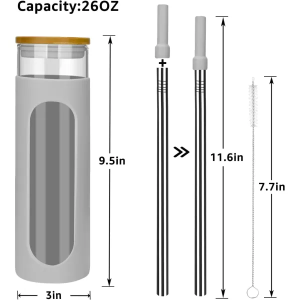 Tronco 22oz Glass Tumbler with Bamboo Lid and Straw Glass Cup For BobaIced CoffeeSmoothie Spill Proof Glass Water Bottle With Silicone Protective Sleeve Dishwasher SafeBPA FreeGray