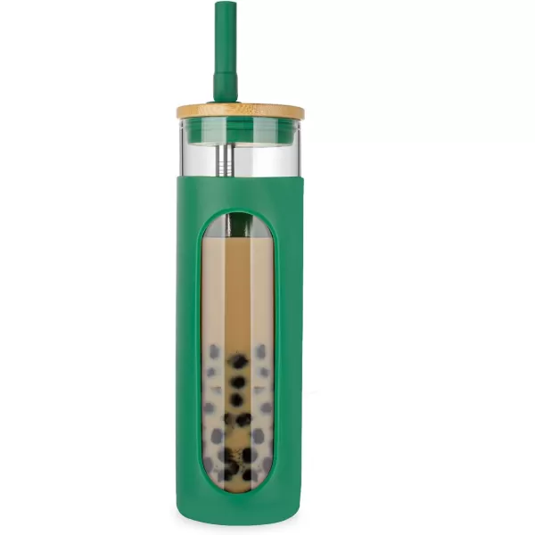 Tronco 22oz Glass Tumbler with Bamboo Lid and Straw Glass Cup For BobaIced CoffeeSmoothie Spill Proof Glass Water Bottle With Silicone Protective Sleeve Dishwasher SafeBPA FreeBlackishGreen
