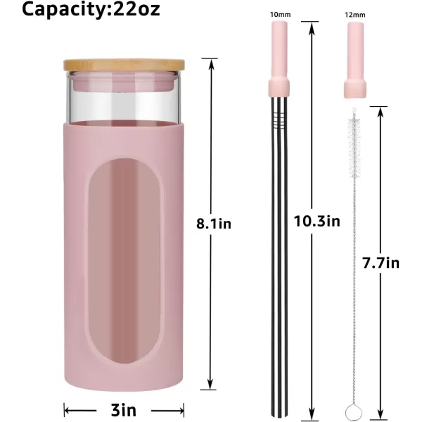 Tronco 22oz Glass Tumbler with Bamboo Lid and Straw Glass Cup For BobaIced CoffeeSmoothie Spill Proof Glass Water Bottle With Silicone Protective Sleeve Dishwasher SafeBPA FreePink