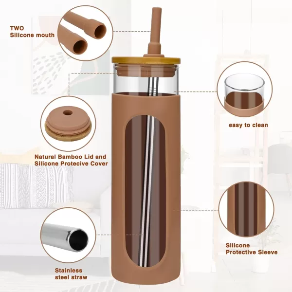 Tronco 22oz Glass Tumbler with Bamboo Lid and Straw Glass Cup For BobaIced CoffeeSmoothie Spill Proof Glass Water Bottle With Silicone Protective Sleeve Dishwasher SafeBPA FreeCoffee