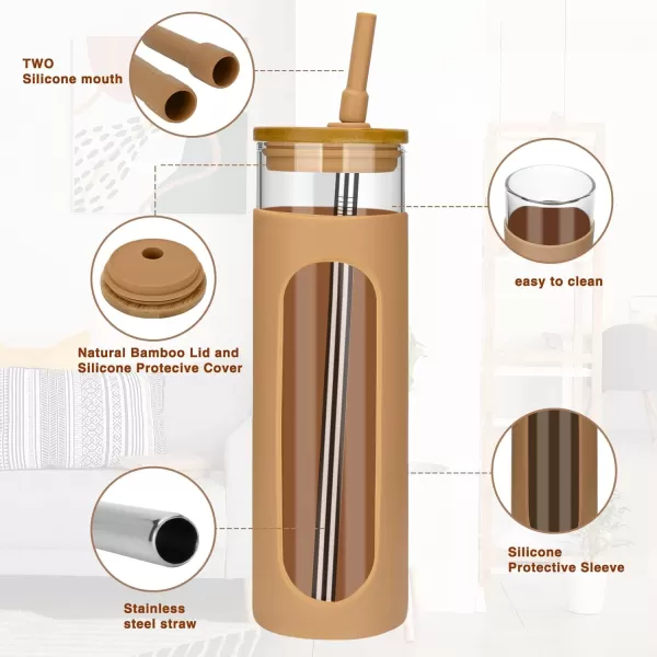Tronco 22oz Glass Tumbler with Bamboo Lid and Straw Glass Cup For BobaIced CoffeeSmoothie Spill Proof Glass Water Bottle With Silicone Protective Sleeve Dishwasher SafeBPA FreeAmber