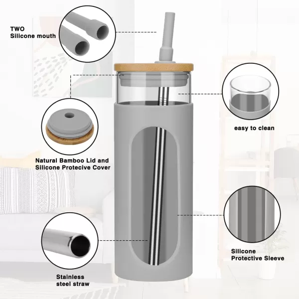 Tronco 22oz Glass Tumbler with Bamboo Lid and Straw Glass Cup For BobaIced CoffeeSmoothie Spill Proof Glass Water Bottle With Silicone Protective Sleeve Dishwasher SafeBPA FreeGray