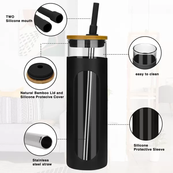 Tronco 22oz Glass Tumbler with Bamboo Lid and Straw Glass Cup For BobaIced CoffeeSmoothie Spill Proof Glass Water Bottle With Silicone Protective Sleeve Dishwasher SafeBPA FreeBlack