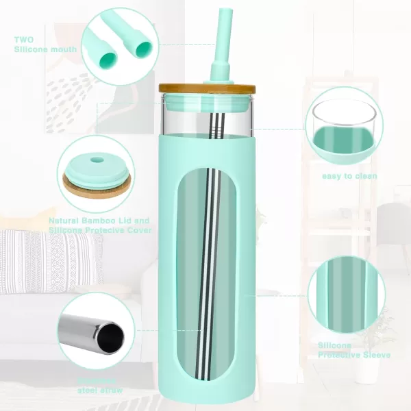 Tronco 22oz Glass Tumbler with Bamboo Lid and Straw Glass Cup For BobaIced CoffeeSmoothie Spill Proof Glass Water Bottle With Silicone Protective Sleeve Dishwasher SafeBPA FreePureBlue
