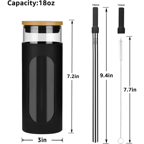 Tronco 22oz Glass Tumbler with Bamboo Lid and Straw Glass Cup For BobaIced CoffeeSmoothie Spill Proof Glass Water Bottle With Silicone Protective Sleeve Dishwasher SafeBPA FreeBlack