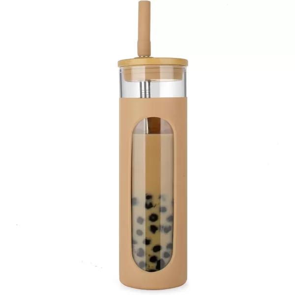 Tronco 22oz Glass Tumbler with Bamboo Lid and Straw Glass Cup For BobaIced CoffeeSmoothie Spill Proof Glass Water Bottle With Silicone Protective Sleeve Dishwasher SafeBPA FreeAmber