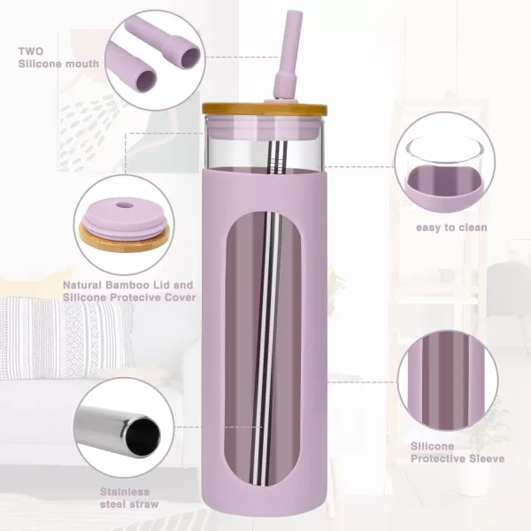 Tronco 22oz Glass Tumbler with Bamboo Lid and Straw Glass Cup For BobaIced CoffeeSmoothie Spill Proof Glass Water Bottle With Silicone Protective Sleeve Dishwasher SafeBPA FreePurple