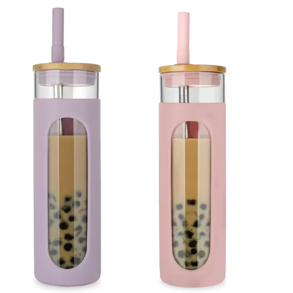 Tronco 22oz Glass Tumbler with Bamboo Lid and Straw Glass Cup For BobaIced CoffeeSmoothie Spill Proof Glass Water Bottle With Silicone Protective Sleeve Dishwasher SafeBPA FreePinkPurple
