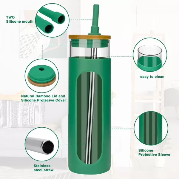 Tronco 22oz Glass Tumbler with Bamboo Lid and Straw Glass Cup For BobaIced CoffeeSmoothie Spill Proof Glass Water Bottle With Silicone Protective Sleeve Dishwasher SafeBPA FreeBlackishGreen