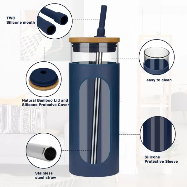 Tronco 22oz Glass Tumbler with Bamboo Lid and Straw Glass Cup For BobaIced CoffeeSmoothie Spill Proof Glass Water Bottle With Silicone Protective Sleeve Dishwasher SafeBPA FreeDenim Blue
