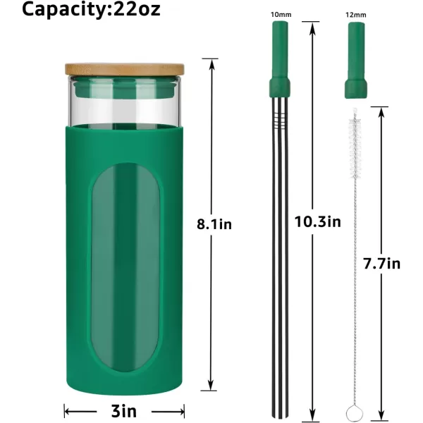 Tronco 22oz Glass Tumbler with Bamboo Lid and Straw Glass Cup For BobaIced CoffeeSmoothie Spill Proof Glass Water Bottle With Silicone Protective Sleeve Dishwasher SafeBPA FreeBlackishGreen