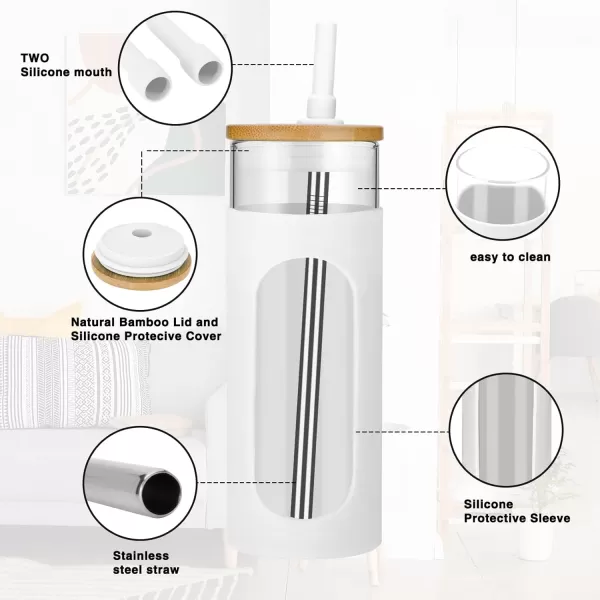 Tronco 22oz Glass Tumbler with Bamboo Lid and Straw Glass Cup For BobaIced CoffeeSmoothie Spill Proof Glass Water Bottle With Silicone Protective Sleeve Dishwasher SafeBPA FreeBlackWhite