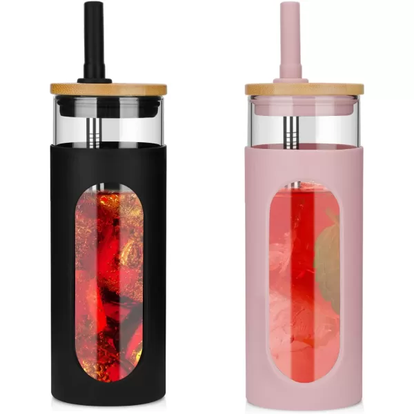 Tronco 22oz Glass Tumbler with Bamboo Lid and Straw Glass Cup For BobaIced CoffeeSmoothie Spill Proof Glass Water Bottle With Silicone Protective Sleeve Dishwasher SafeBPA FreeBlackPink