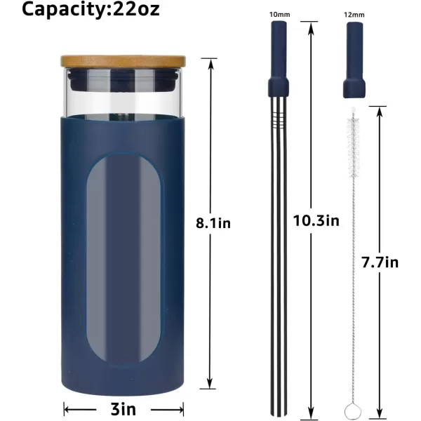 Tronco 22oz Glass Tumbler with Bamboo Lid and Straw Glass Cup For BobaIced CoffeeSmoothie Spill Proof Glass Water Bottle With Silicone Protective Sleeve Dishwasher SafeBPA FreeDenim Blue